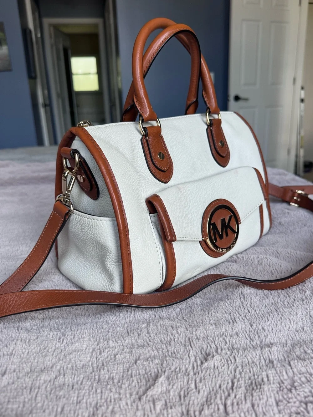 Michael Kors White and Brown Leather MK Logo Satchel